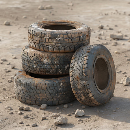 Old tires on the sand in the desert, closeup of photoの素材