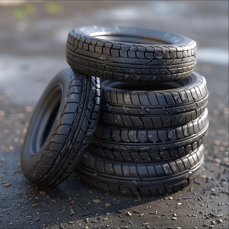 New car tires on a black background, close-up, selective focusの素材