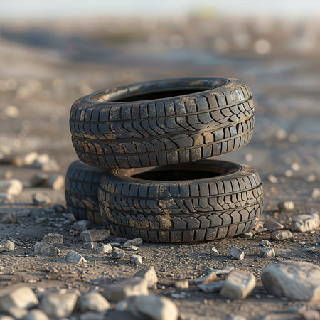 Car tires on the ground, closeup of photo with shallow depth of fieldの素材