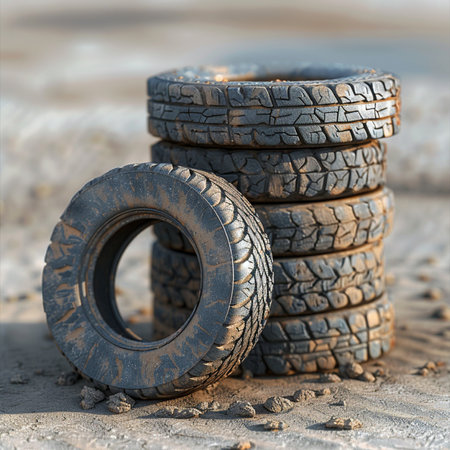 Old car tires on the sand. Selective focus. Shallow depth of fieldの素材