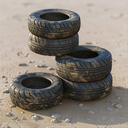 Old car tires on the beach. Tires in the sand.の素材