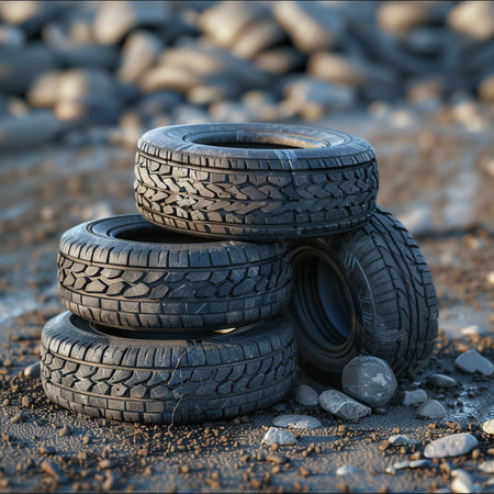 Pile of old used car tires on the ground, 3d renderingの素材