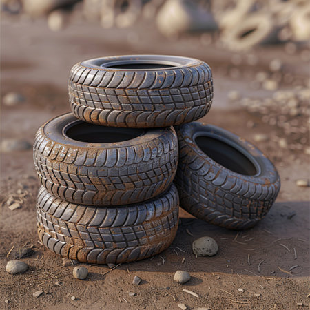 3d rendering of a pile of old car tires on the groundの素材