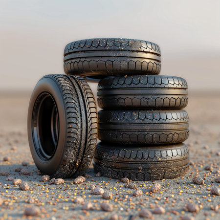 Car tires on the sand in the sunlight. 3d illustration.の素材