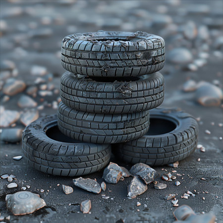 3d rendering of a pile of old car tires on the groundの素材