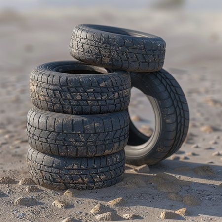 Car tires on the sand in the rays of the setting sun.の素材