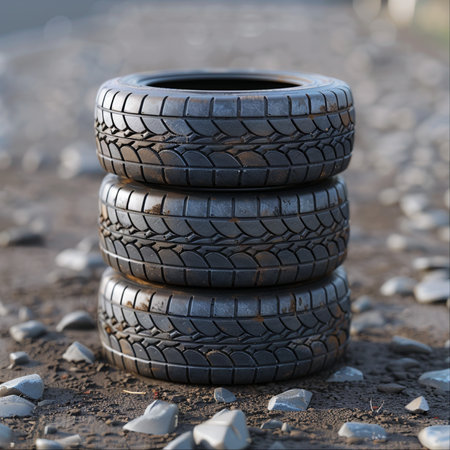 Stack of new car tires on the road. 3d illustration.の素材