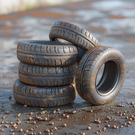 Pile of old used car tires on asphalt road, closeupの素材