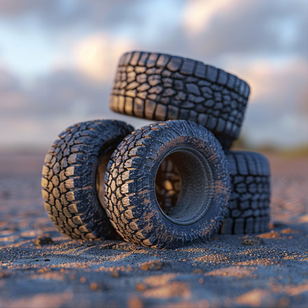 Tire on the road in the evening. 3d rendering.の素材