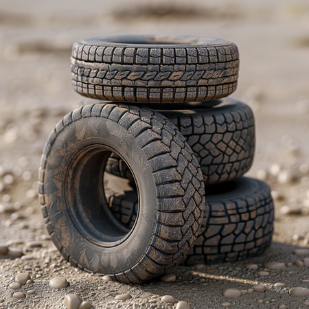 Car tires on the sand, close-up. The concept of a healthy lifestyleの素材