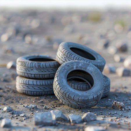 Pile of old car tires on the ground. Selective focus.の素材