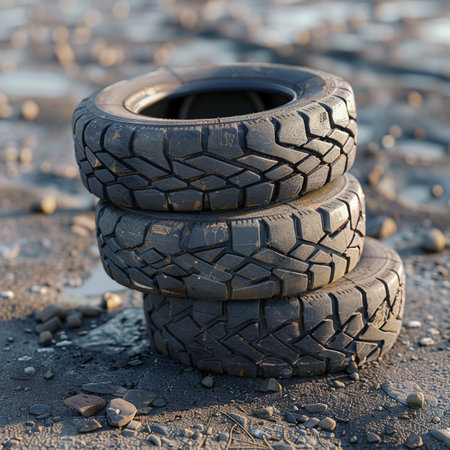 Close up of old car tires on the ground. Conceptual imageの素材