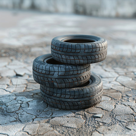Pile of old used car tires on cracked asphalt, closeupの素材