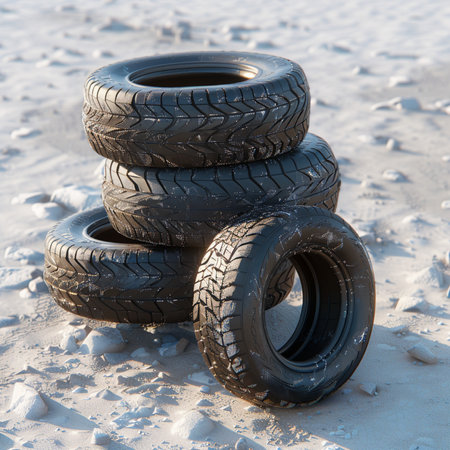 Car tires on the sand in the winter, close-up.の素材