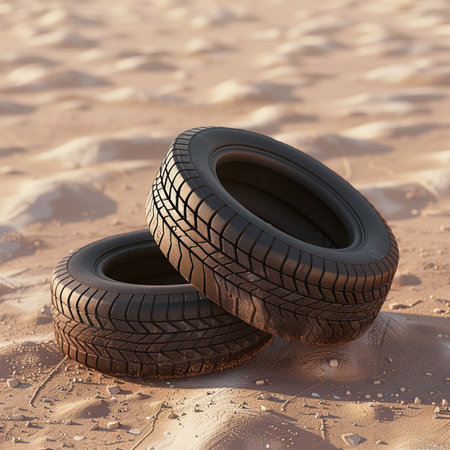 3d rendering of a pair of tires on the sand in the desertの素材