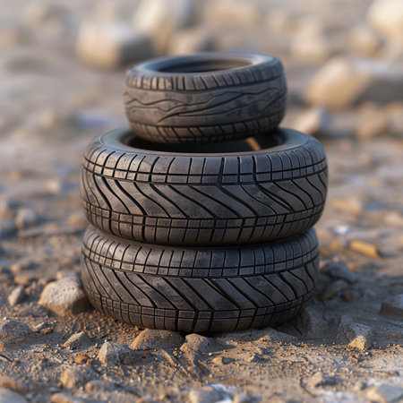 Tire stack on the ground, close-up, selective focusの素材