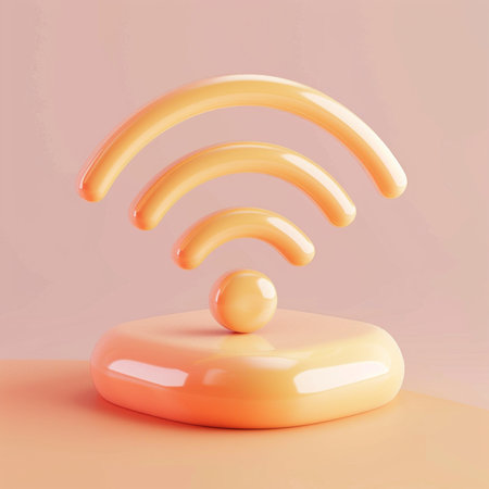 3d rendering of a yellow wifi icon on a pink background.の素材