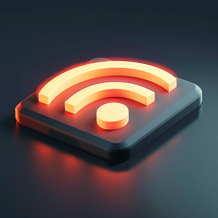Wifi icon on black background. 3D rendering. Neon light.の素材