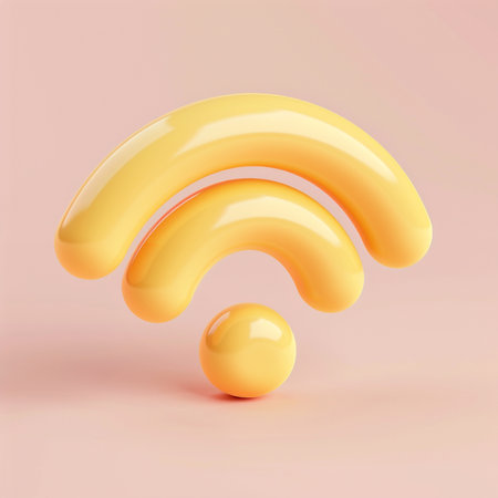 Yellow RSS symbol on pastel pink background. 3D rendering.の素材