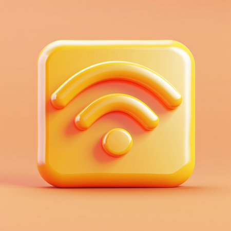High detailed yellow wifi icon isolated on orange background, 3D renderingの素材