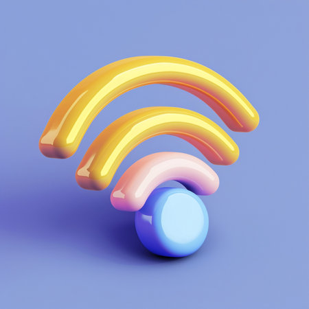 3d illustration of a yellow and blue wi-fi symbol on a blue backgroundの素材