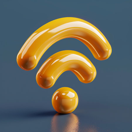 3D Illustration of Yellow Wifi Sign on a Grey Backgroundの素材