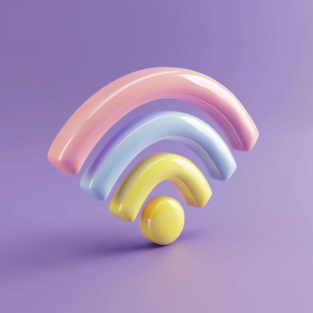 3d rendering of colorful rainbow wi-fi symbol on violet backgroundの素材