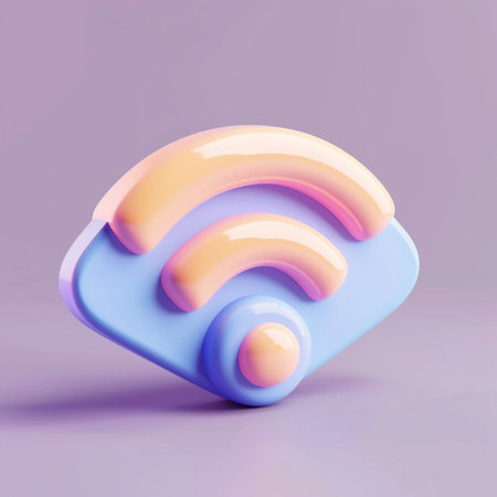 3d render of blue and pink RSS icon on purple background.の素材