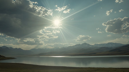 Mongolian grassland and lake at sunset, Kyrgyzstanの素材