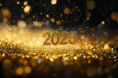 Happy New Year 2015 gold glitter and bokeh lights background.の素材