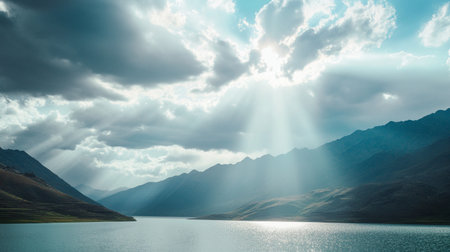 Beautiful mountain lake in the mountains. Dramatic sky with clouds.の素材