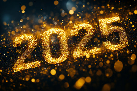 Happy New Year 2015 text made of golden bokeh lights on black backgroundの素材