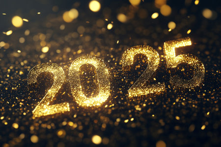 Happy New Year 2015. Golden bokeh background with glitter.の素材
