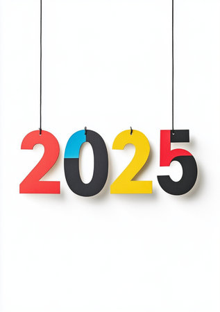 Happy New Year 2015 with paper cut numbers hanging on white background.の素材