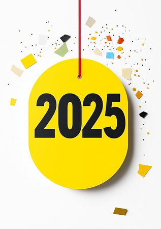 Happy New Year 2015 written on a yellow price tag with confettiの素材