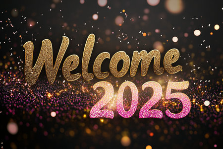 Welcome 2015 gold glittering lettering on bokeh background.の素材