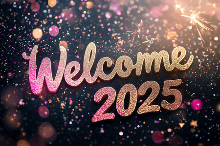 Welcome 2023. Golden text on black background with bokeh effect.の素材