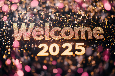 Glittering golden welcome 2025 text on bokeh background.の素材