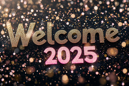 Welcome 2015 text with gold glitter on black bokeh background.の素材