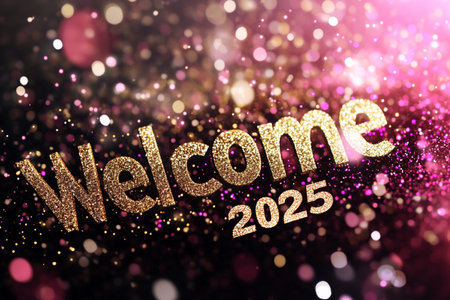 Glittering golden welcome 2025 text on bokeh background.の素材