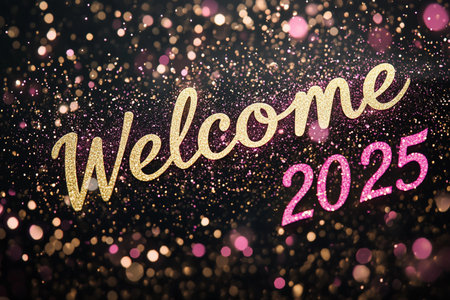 Glittering golden welcome 2025 text on bokeh background.の素材