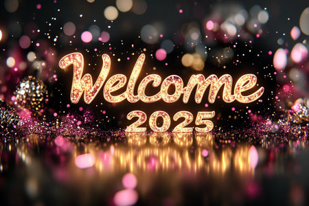 Glittering golden welcome 2025 text on bokeh background.の素材