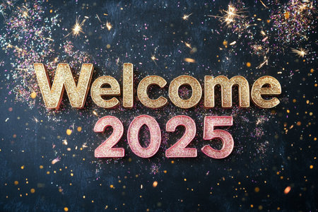 Glittering golden welcome 2025 text on bokeh background.の素材