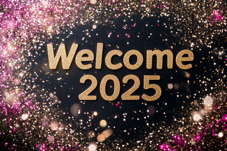 Glittering golden welcome 2025 text on bokeh background.の素材