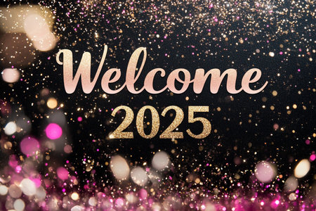Glittering golden welcome 2025 text on bokeh background.の素材