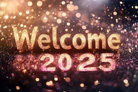 Glittering golden welcome 2025 text on bokeh background.の素材