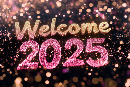 Glittering golden welcome 2025 text on bokeh background.の素材