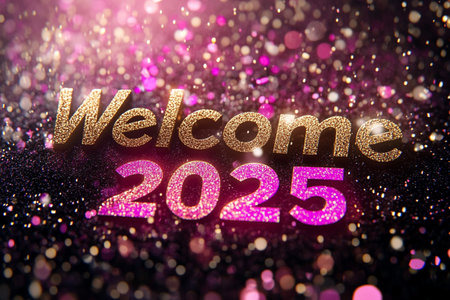 Glittering golden welcome 2025 text on bokeh background.の素材