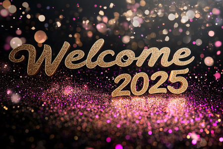 Glittering golden welcome 2025 text on bokeh background.の素材