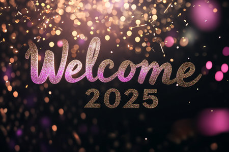 gold glitter text on bokeh lights background.の素材